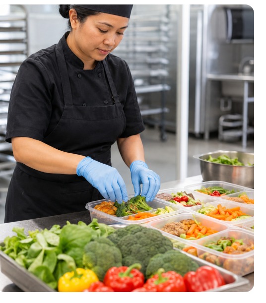 Food-service staff preparing fresh vegetables